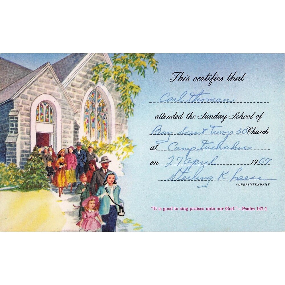 1969 Boy Scouts Troop 30 Camp Tuckahoe Sunday School Certificate Postcard BCA